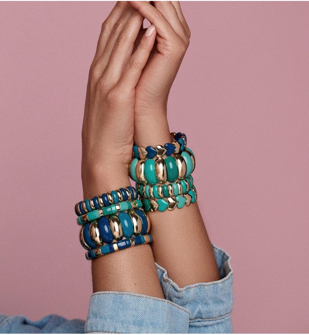 Bransoletka elastyczna w odcieniu turkusu i złota BCR0077