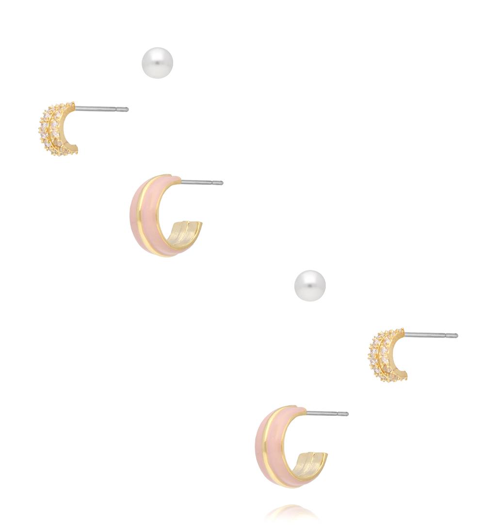 Zestaw kolczyków z perłami i pastelowym różem KMB0045