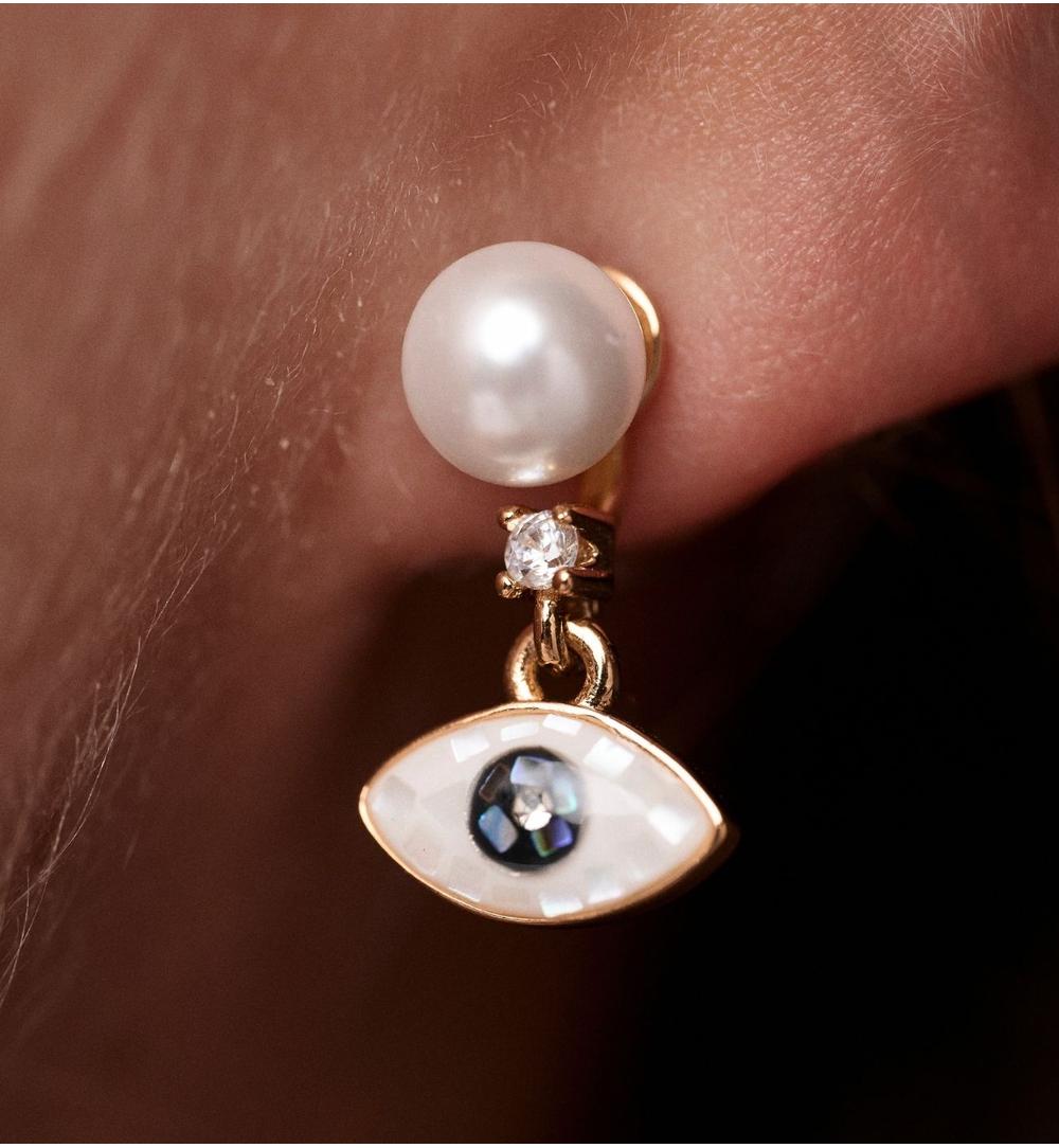 Kolczyki z perłą i zawieszką w kształcie oka KSS2058