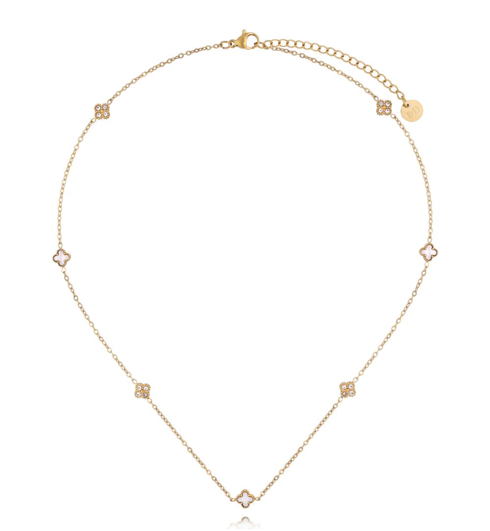 Naszyjnik złoty z koniczynkami z masy perłowej i cyrkoniami NSY0741