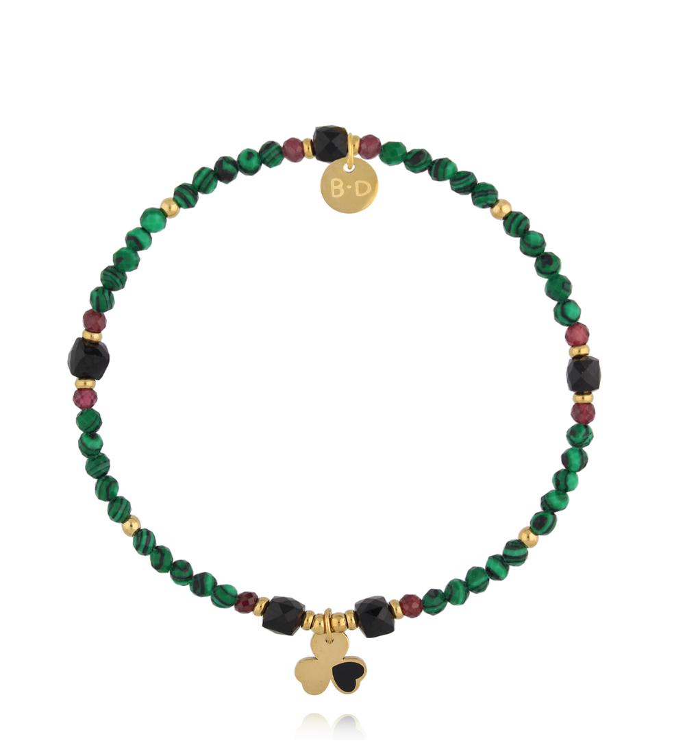 Bransoletka z malachitu, granatu i czarnego turmalinu ze złotą koniczyną BTW3513