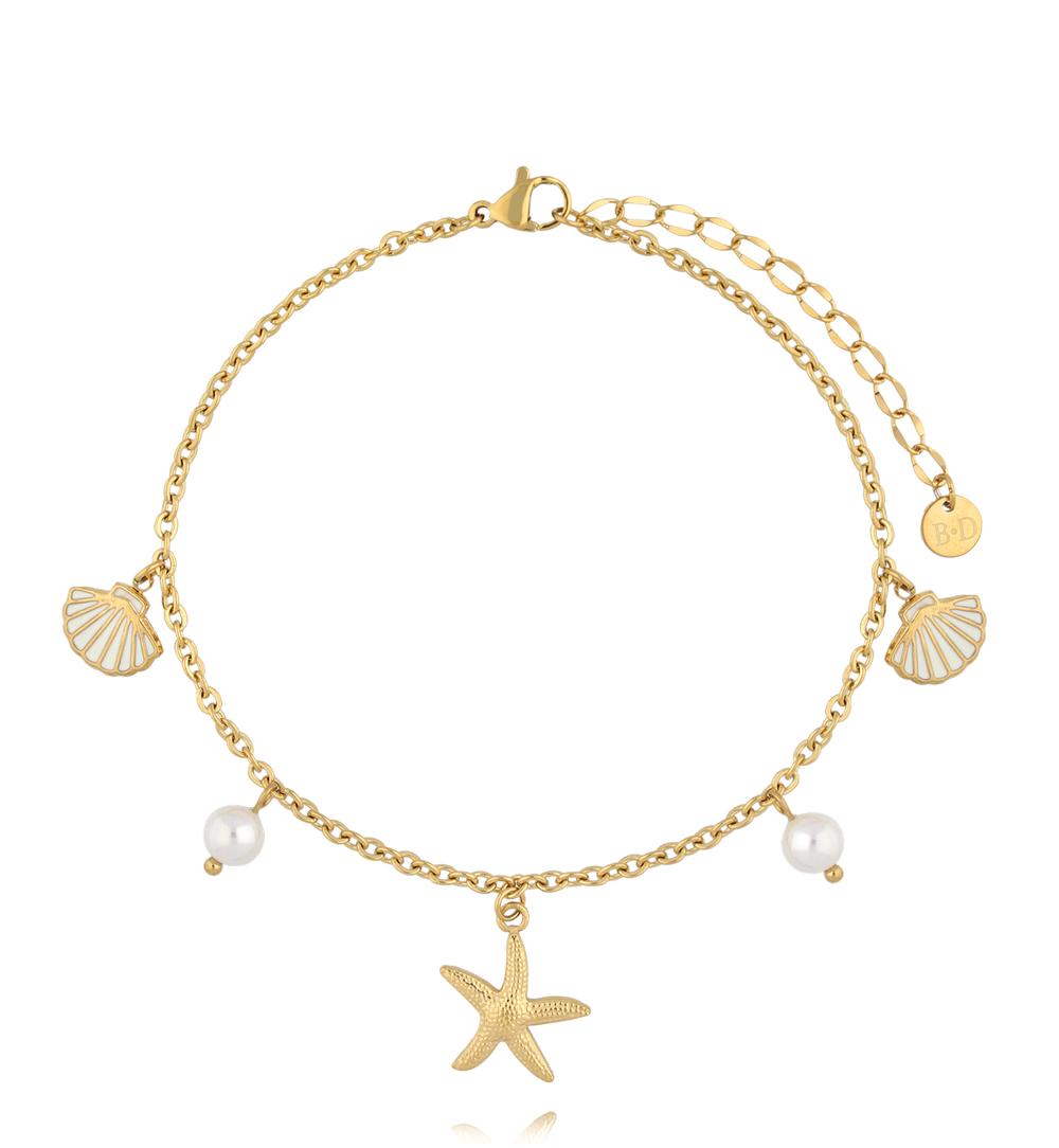 Bransoletka na nogę ze złotymi zawieszkami – muszelki, rozgwiazda i perły  BNSY0062