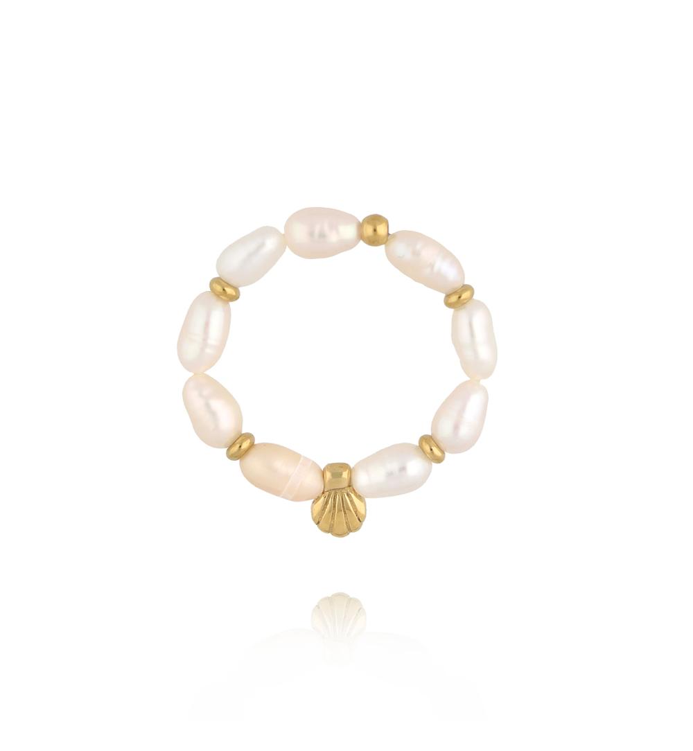 Pierścionek z perełką i złotą muszelką PPE0117