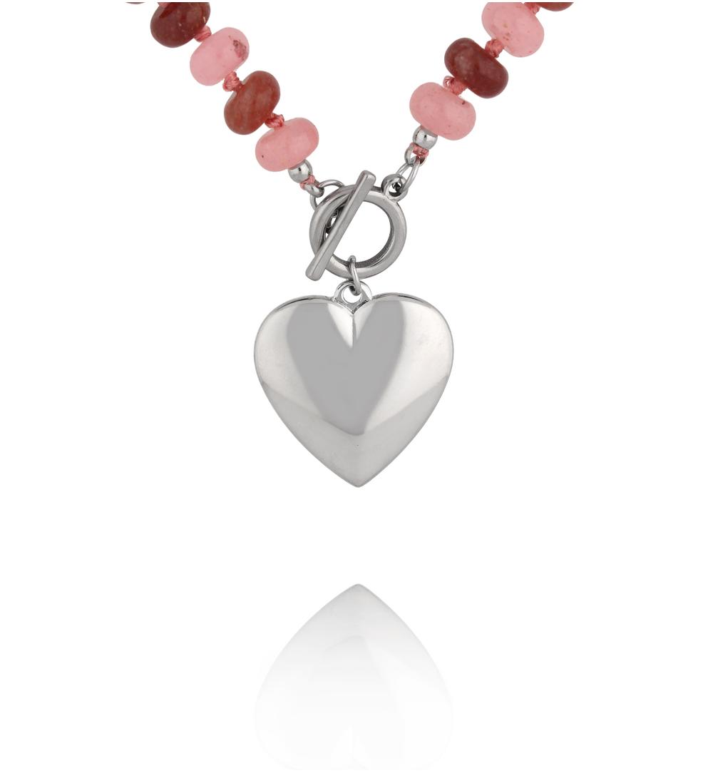 Naszyjnik z różowych i rubinowych kamieni ze srebrnym sercem NPA1632