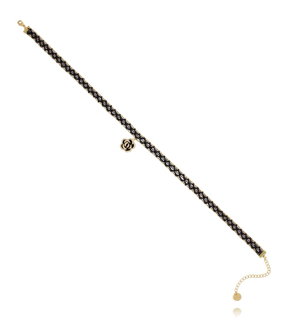 Choker czarny koronkowy z kwiatem w stylu haute couture NLU0048