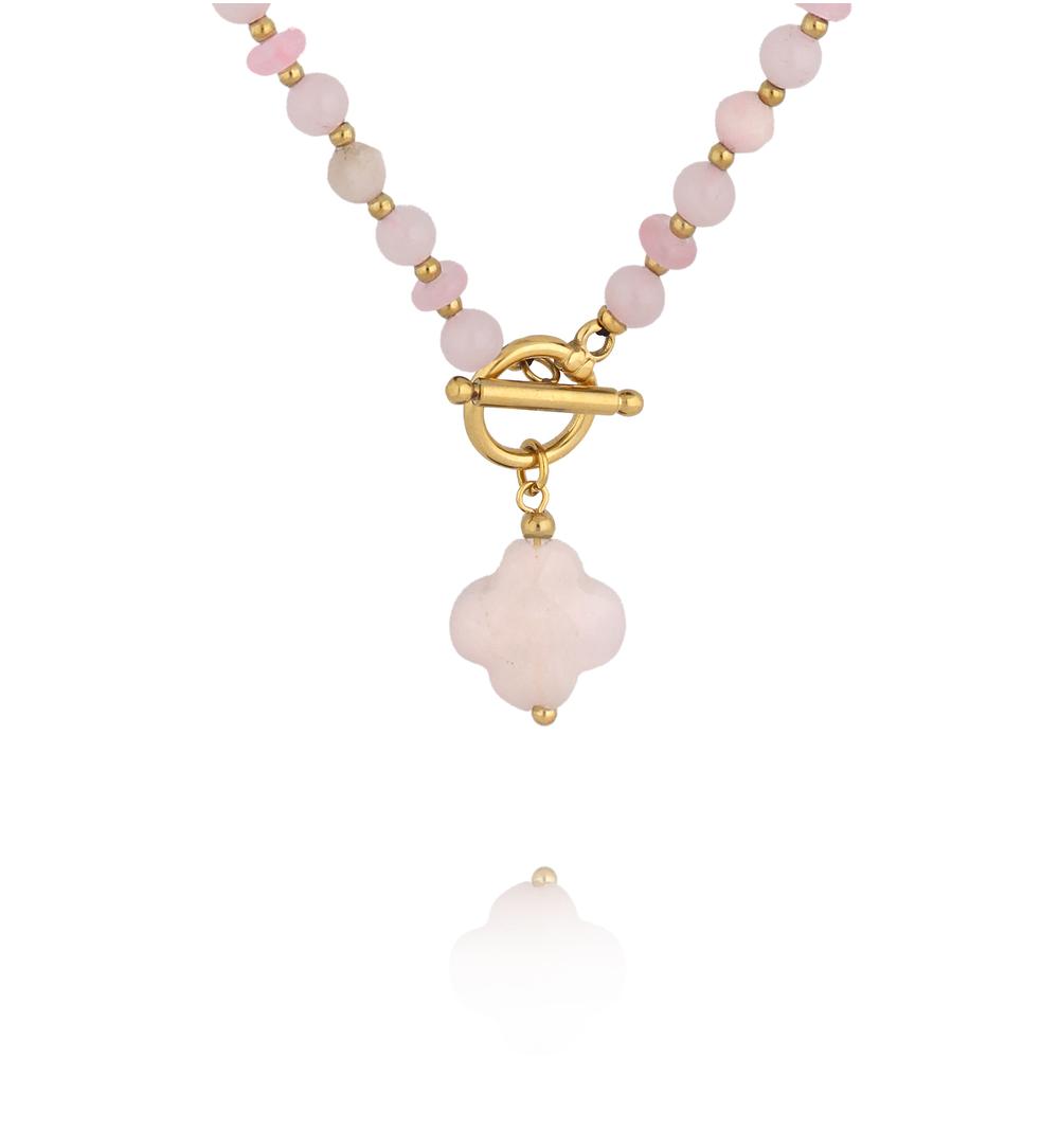 Naszyjnik z różowego kwarcu z zawieszką koniczynki NPA1609