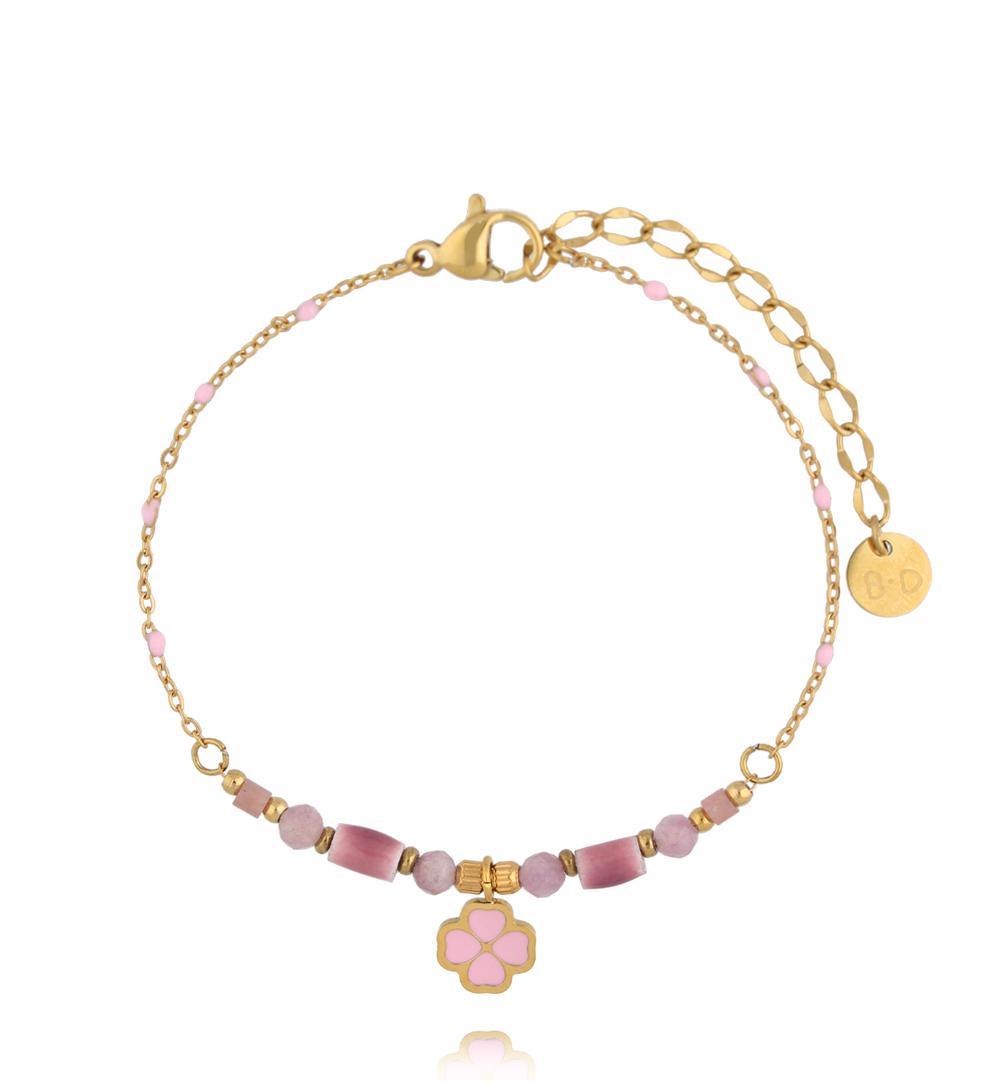 Bransoletka na złotym łańcuszku z różowym turmalinem, ceramiką i zawieszką koniczynki BPA0599