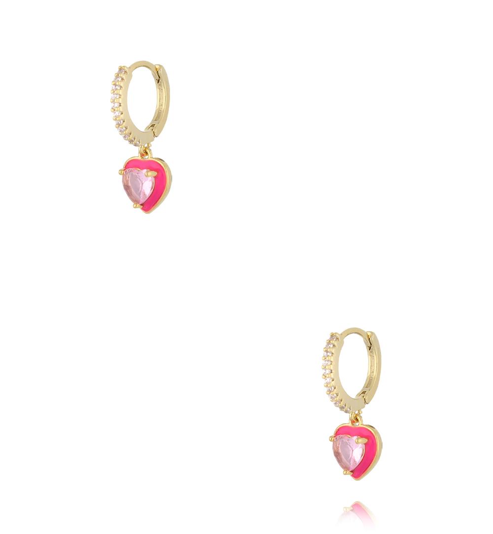Zestaw złoconych kolczyków z sercem i różową emalią KMB0067