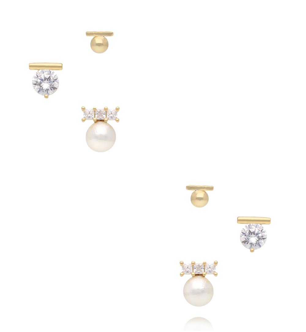 Zestaw złoconych kolczyków – perełki i cyrkonie KMB0025