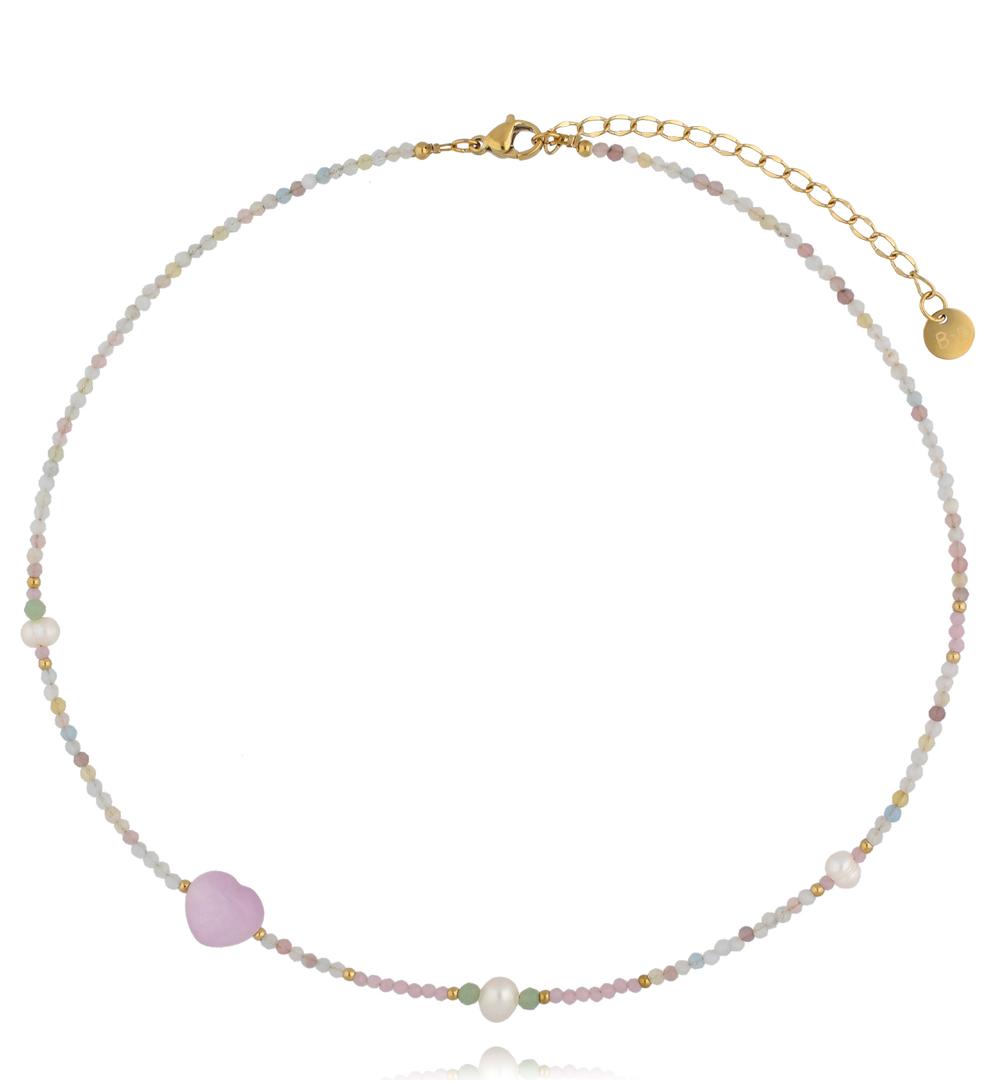 Naszyjnik z pastelowych kamieni naturalnych z serduszkiem i perłami NPA1445
