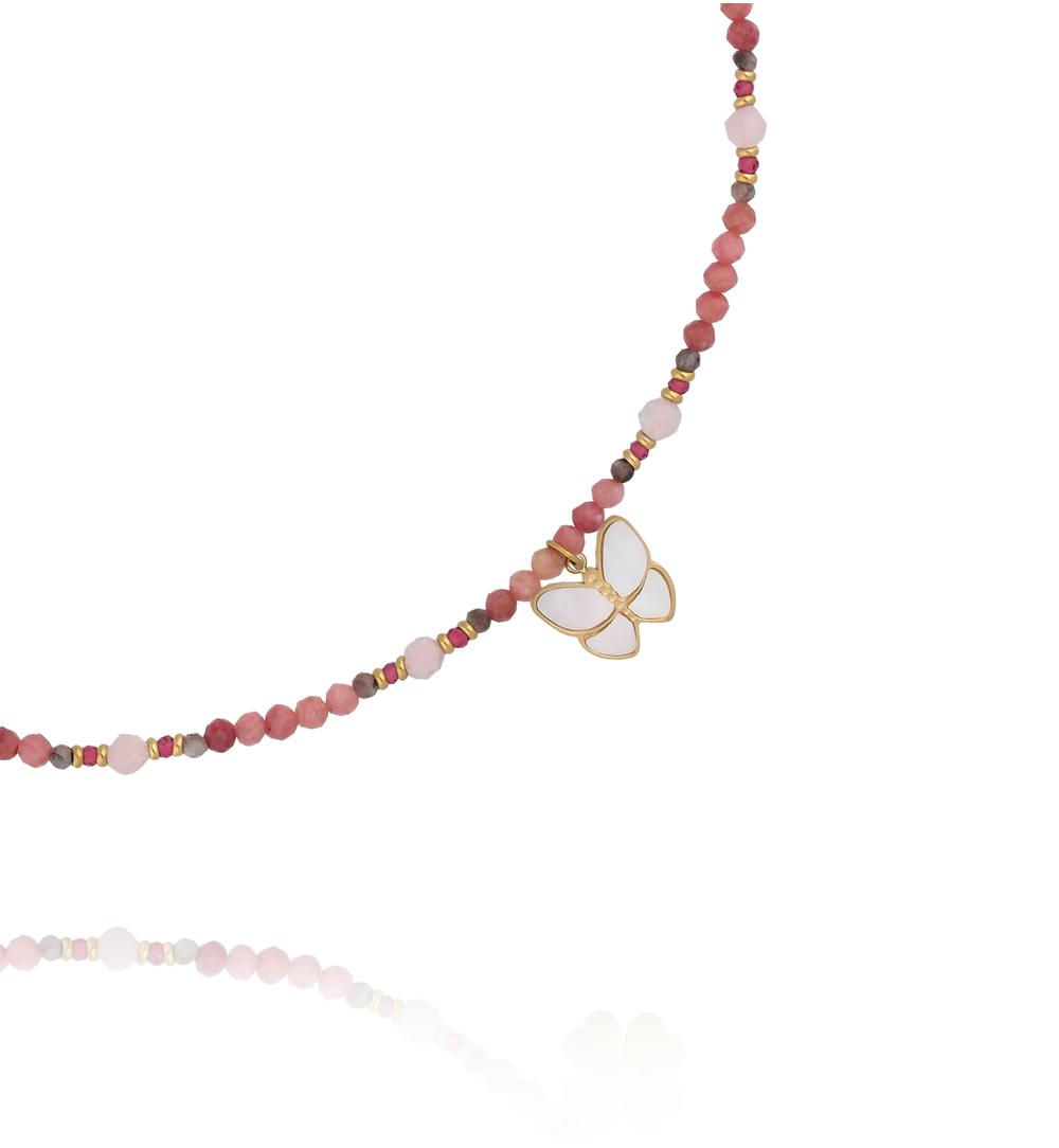 Naszyjnik z różowych kamieni naturalnych z motylkiem NTW1612