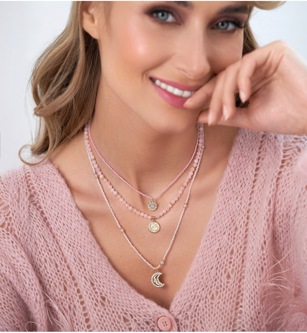 Naszyjnik z kwarcami różowymi i złotą zawieszką Powder Pink NTW0779