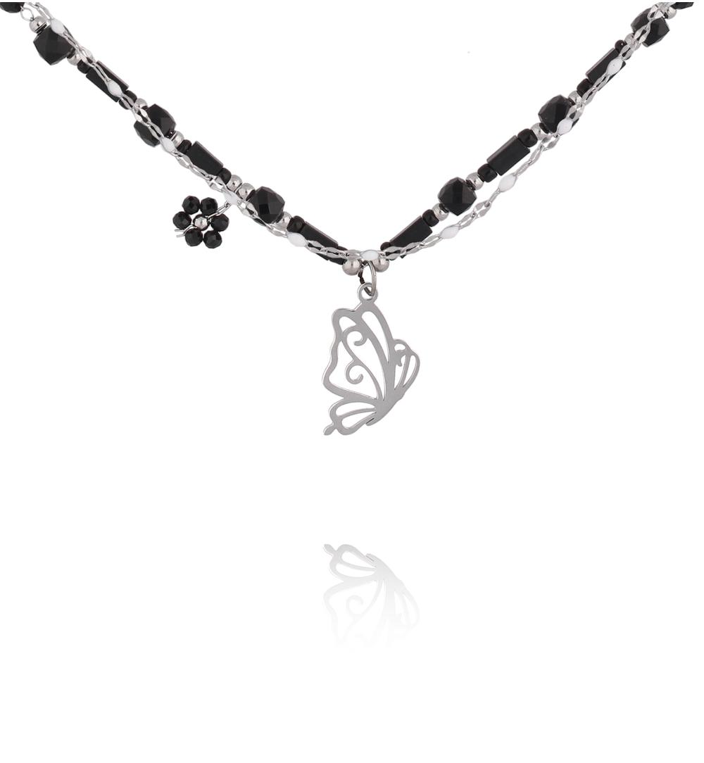 Naszyjnik z czarnymi kamieniami i motylem NSY0828