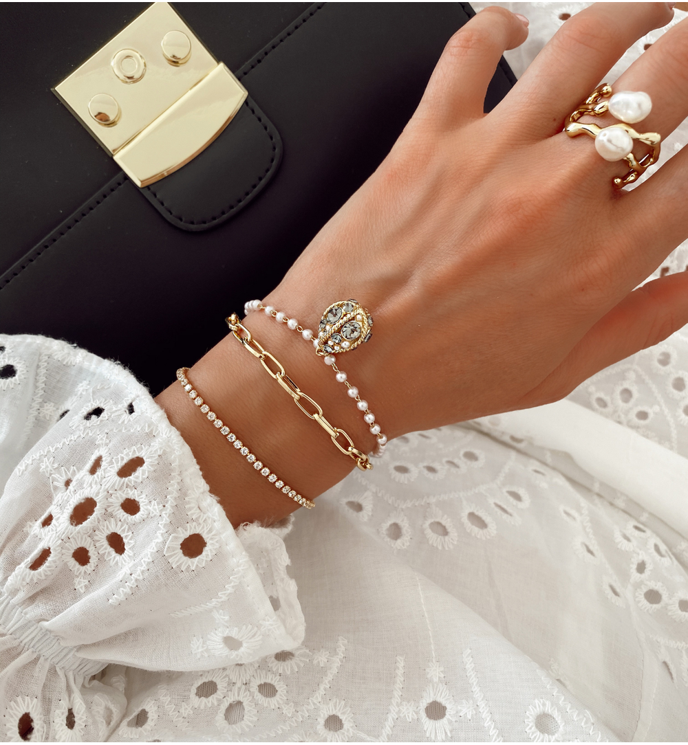 Bransoletka złota z perłowym "jajkiem Faberge" i łańcuchem BRG0101