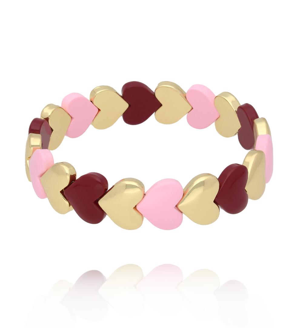 Bransoletka elastyczna z serduszkami w odcieniach pudrowego różu, bordo i złota BCR0082