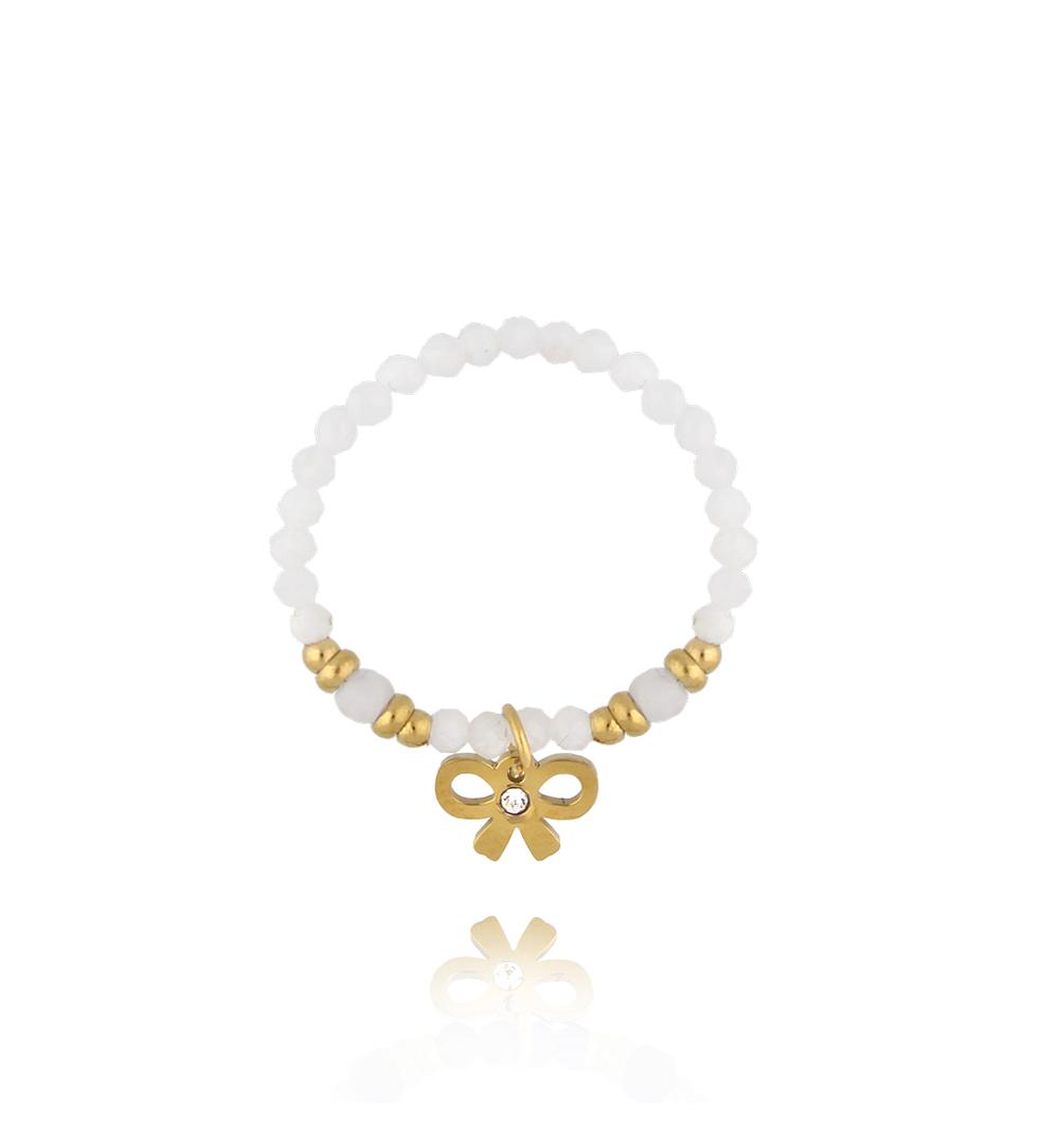 Pierścionek z kamieniami księżycowymi i złotą kokardką PTW0581