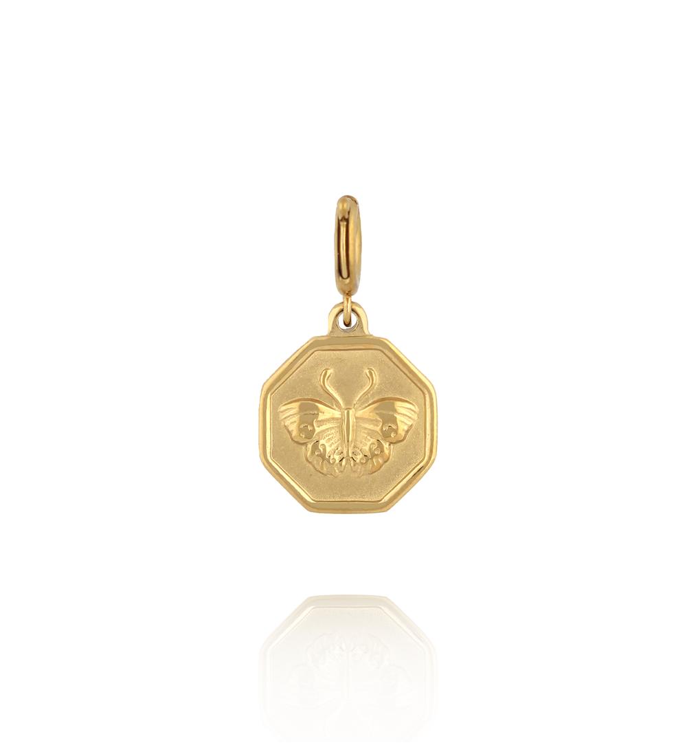 Charms złoty motyl w ozdobnej ramce  CHA0105