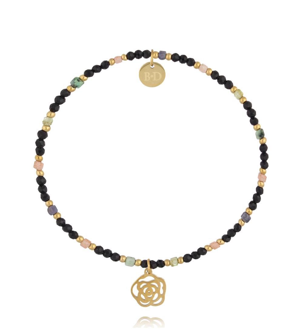 Bransoletka z czarnymi turmalinami i zawieszką róża BTW3669