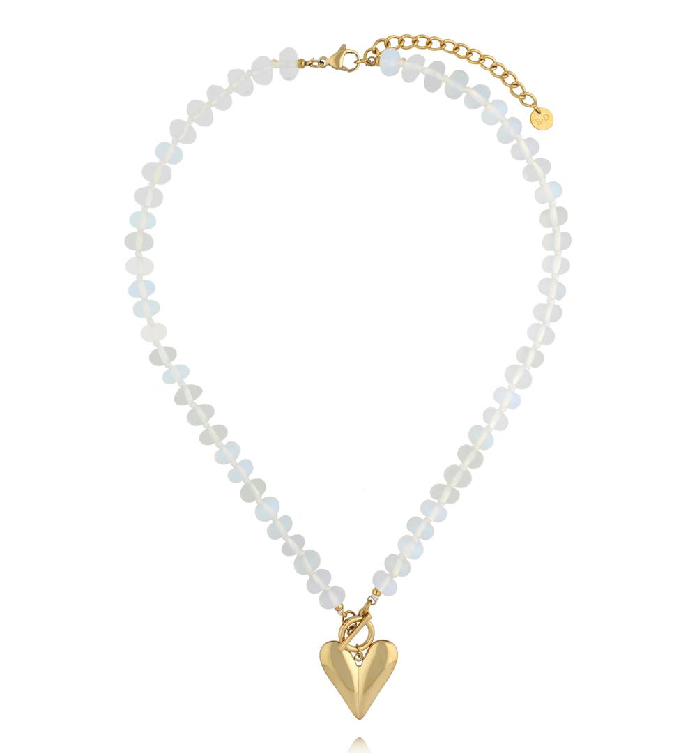 Naszyjnik z białego opalu z pozłacanym sercem NPA1598