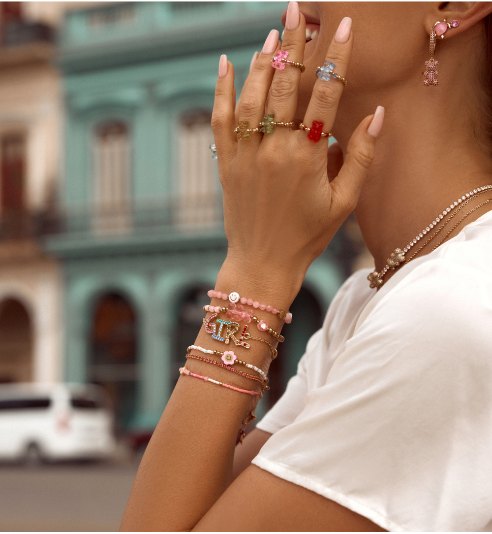 Bransoletka cienka złota z malinowymi kryształkami Este BSS0148