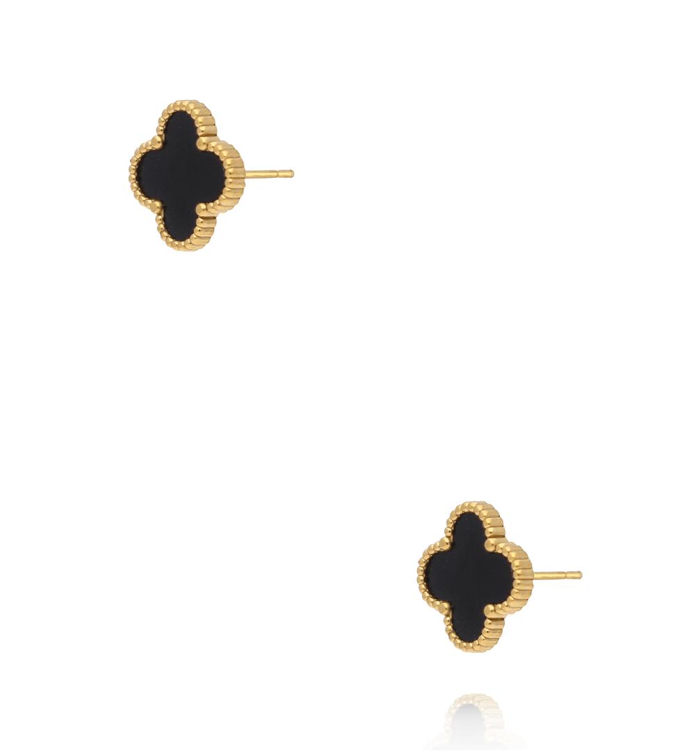 Kolczyki koniczynki z czarną emalią w złotej oprawie KSY0666