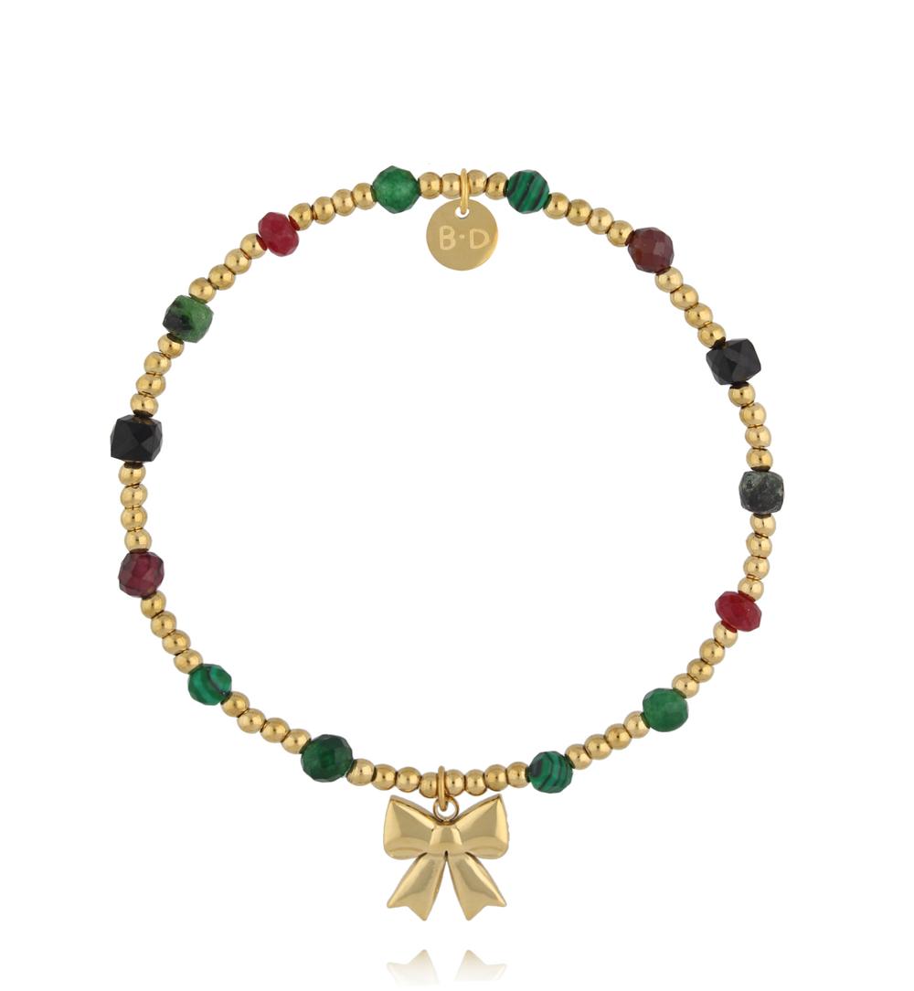 Bransoletka z malachitem, czerwonymi i czarnymi kamieniami ze złotą kokardką BTW3512