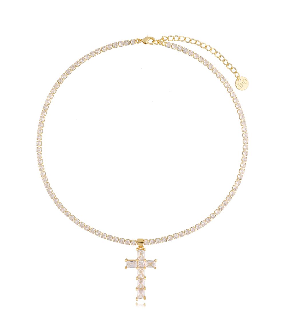 Naszyjnik złoty z transparentnym krzyżykiem Pia NRG0482