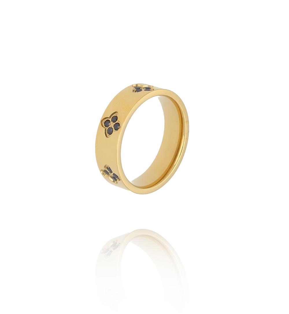 Pierścionek szeroki złoty z motywem koniczynki i cyrkoniami PSY0134