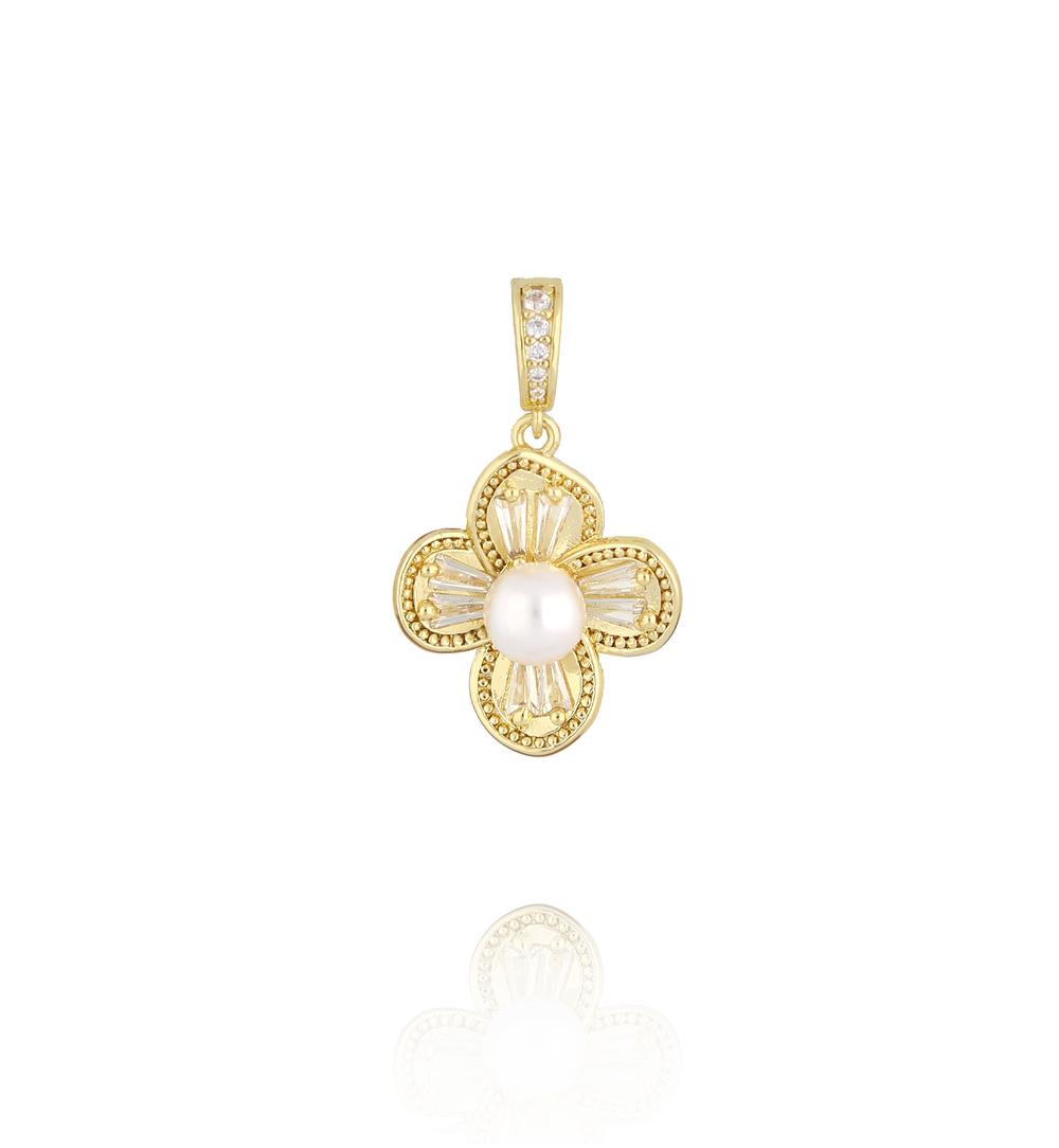 Charms złoty kwiat z perłą i kryształkami CHSS0064