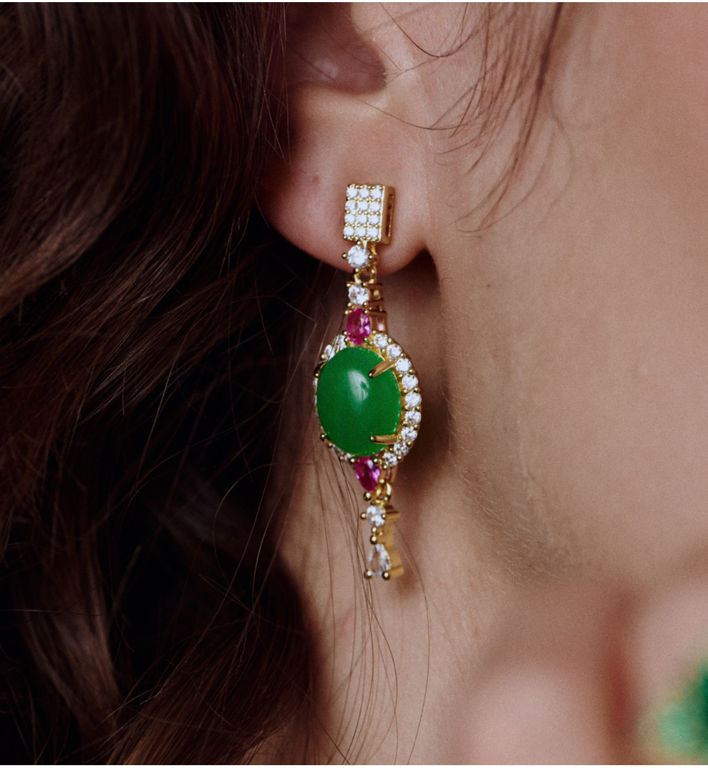 Kolczyki z zielonym oczkiem i różowymi akcentami KSS2076