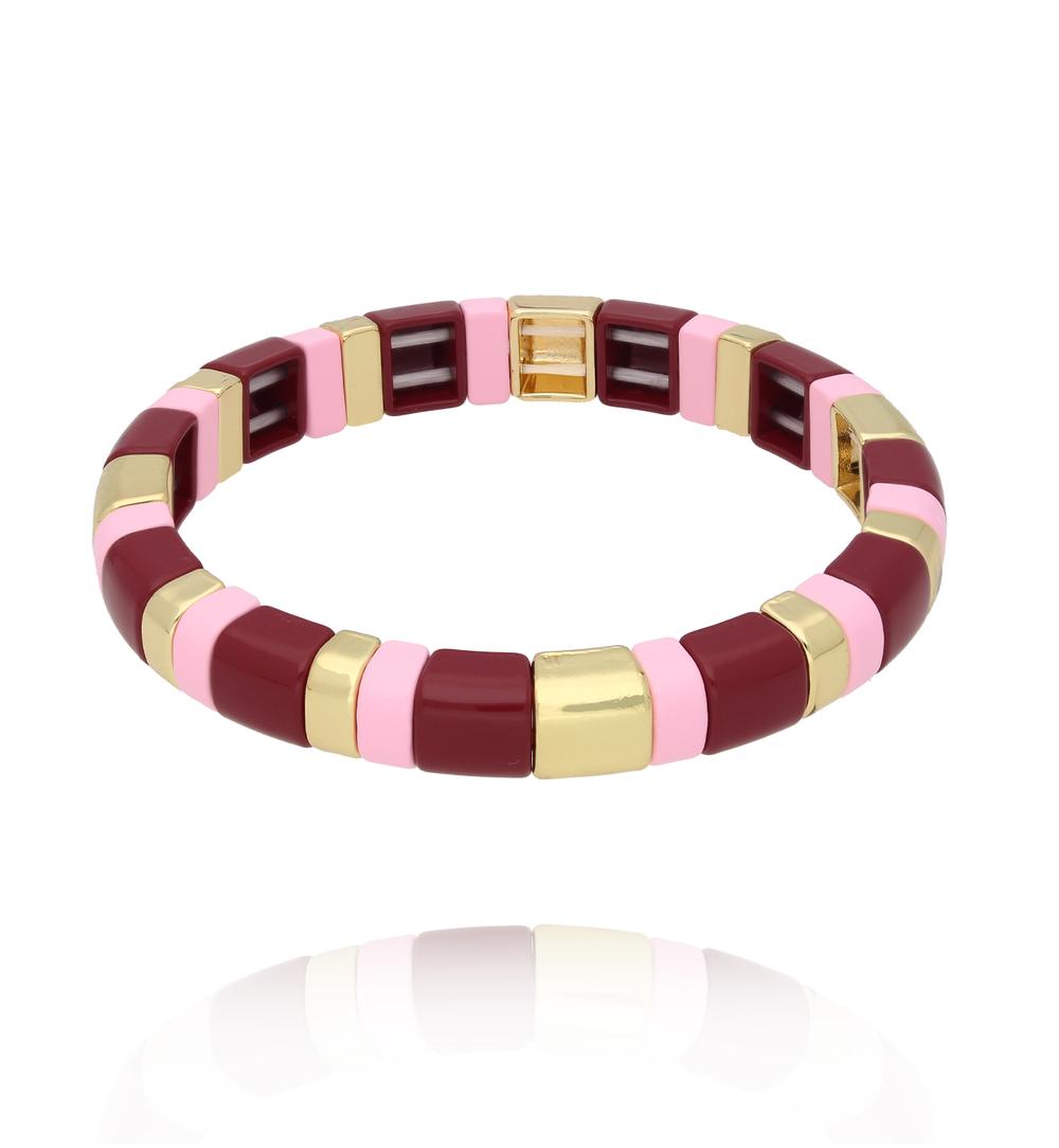 Bransoletka elastyczna w odcieniach różu, bordo i złota BCR0099