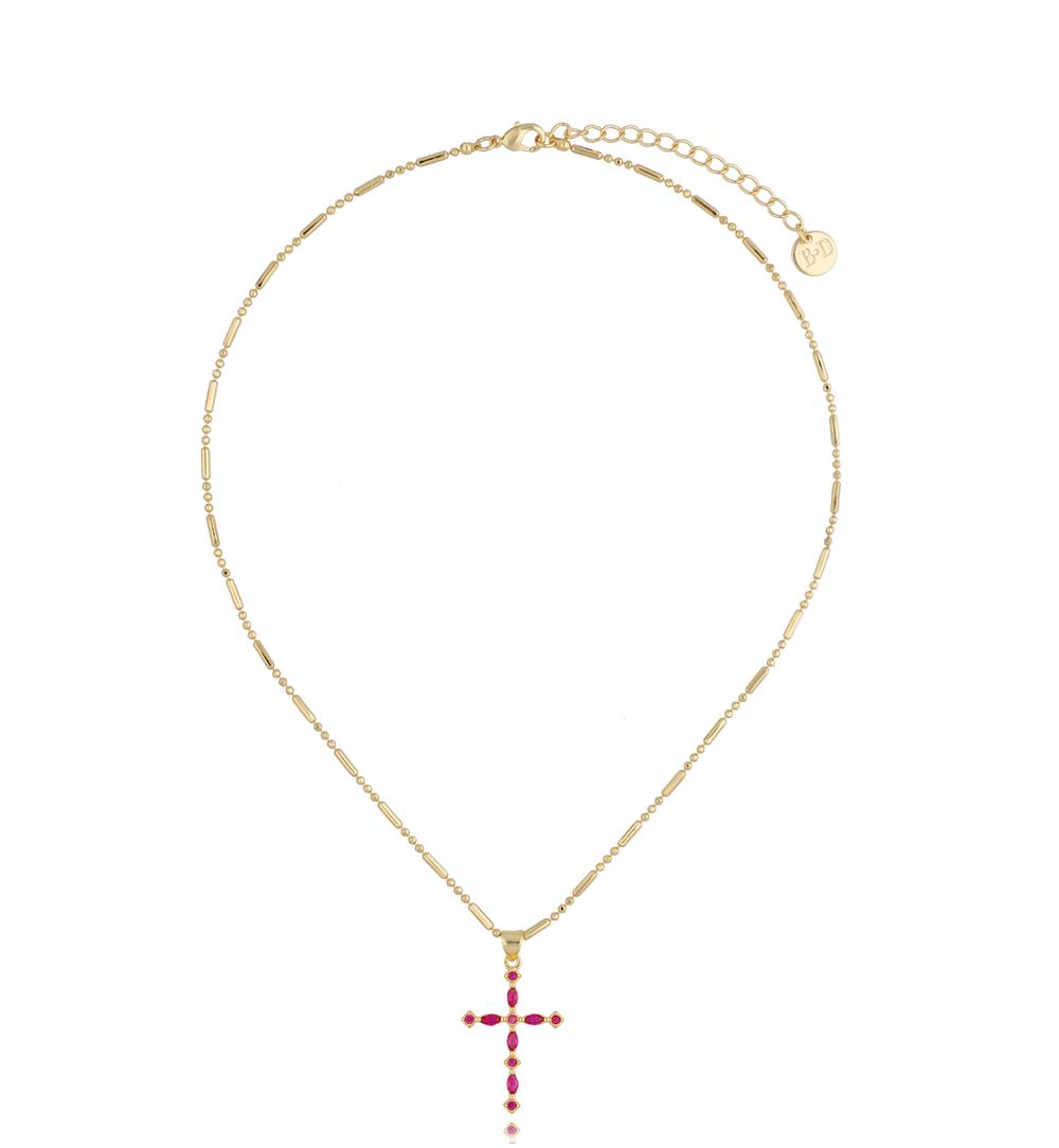 Naszyjnik złoty z fuksjowym krzyżykiem Madeline NRG0476