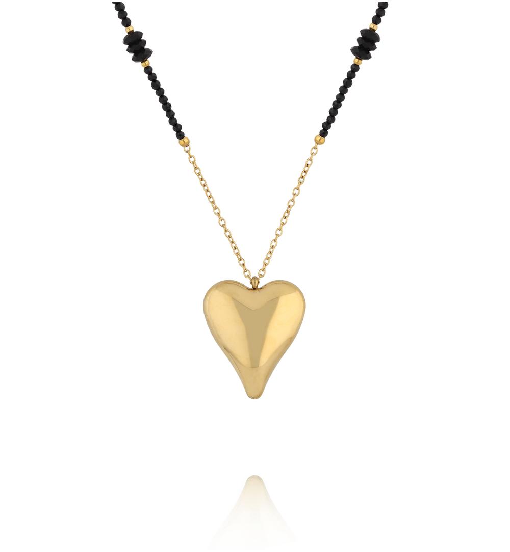Naszyjnik z czarnego turmalinu i czarnego agatu z pozłacanym sercem NPA1587