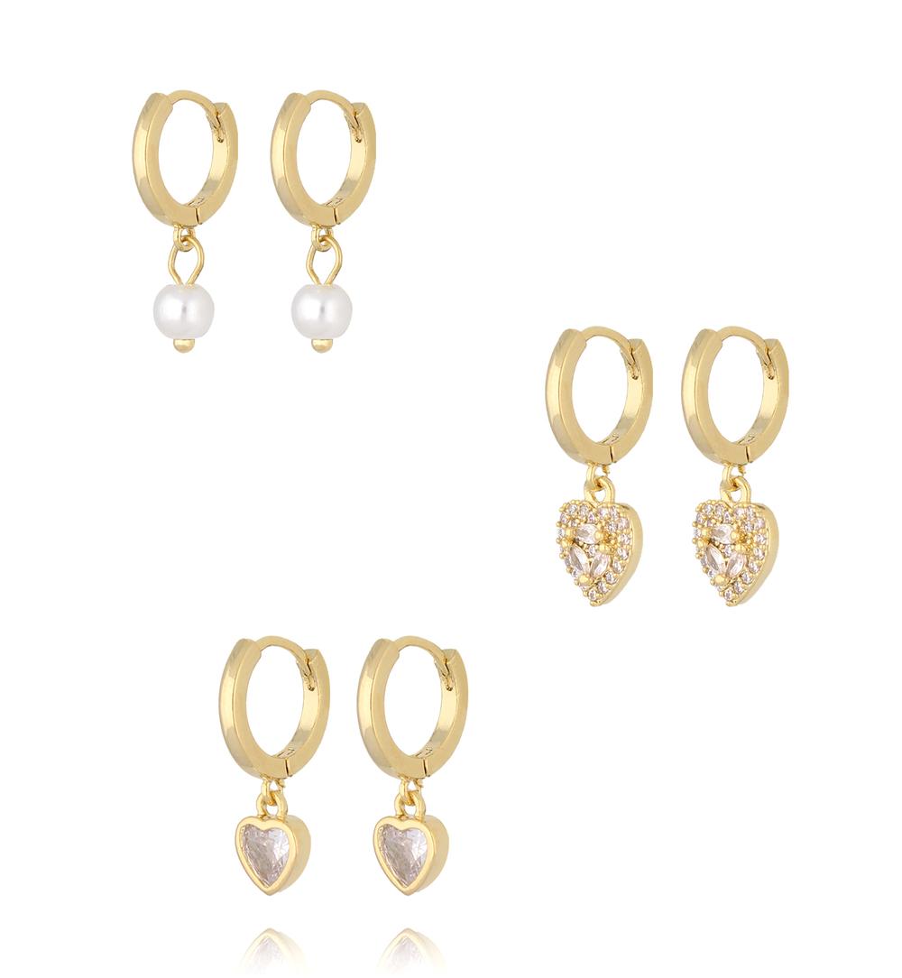 Zestaw złotych kolczyków kółek z zawieszkami KLU0184