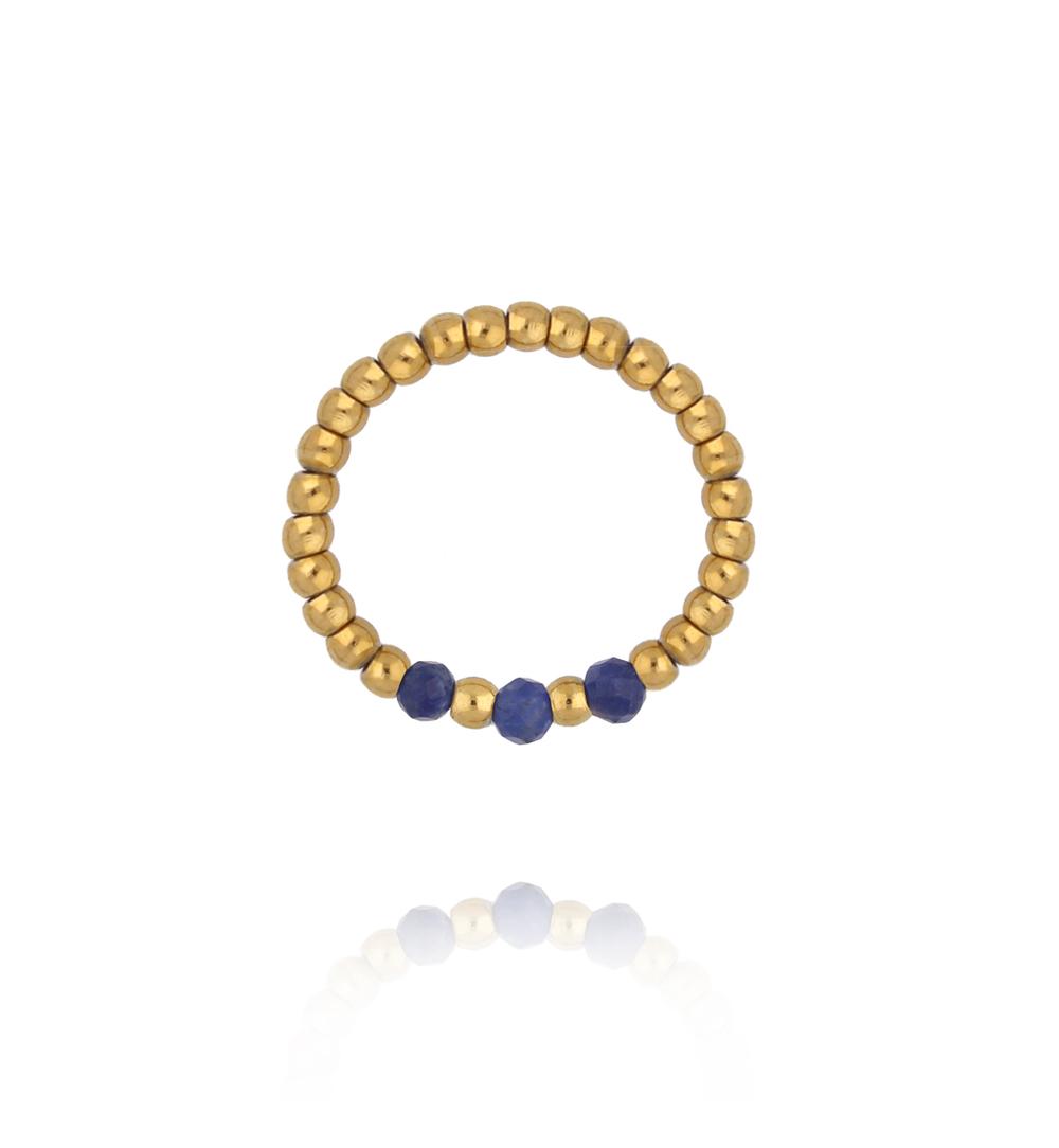 Pierścionek elastyczny ze złotych kuleczek z sodalitem PTW0622