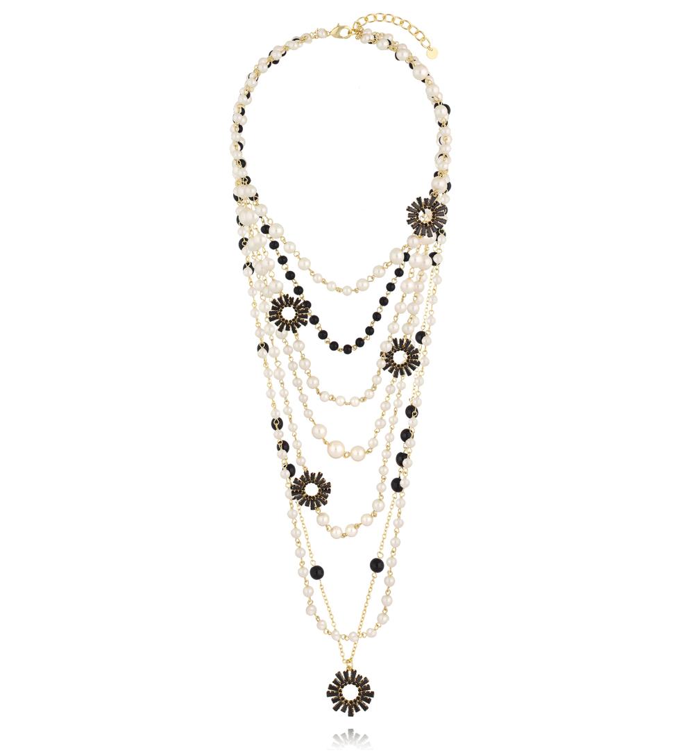 Naszyjnik wielorzędowy perłowo czarny ze zdobieniami NS0367