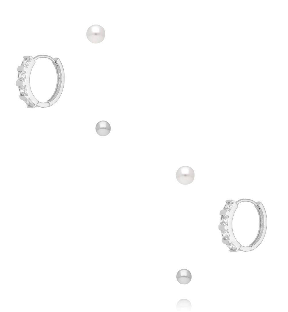 Zestaw srebrnych kolczyków kółek z cyrkoniami i perełkami KLU0171