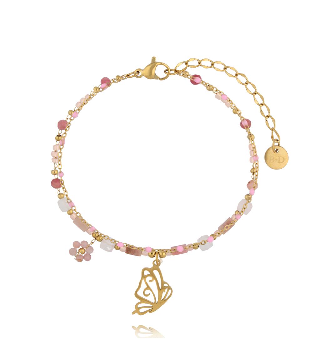 Bransoletka z różowymi kamieniami naturalnymi i zawieszką motyla BSY0581