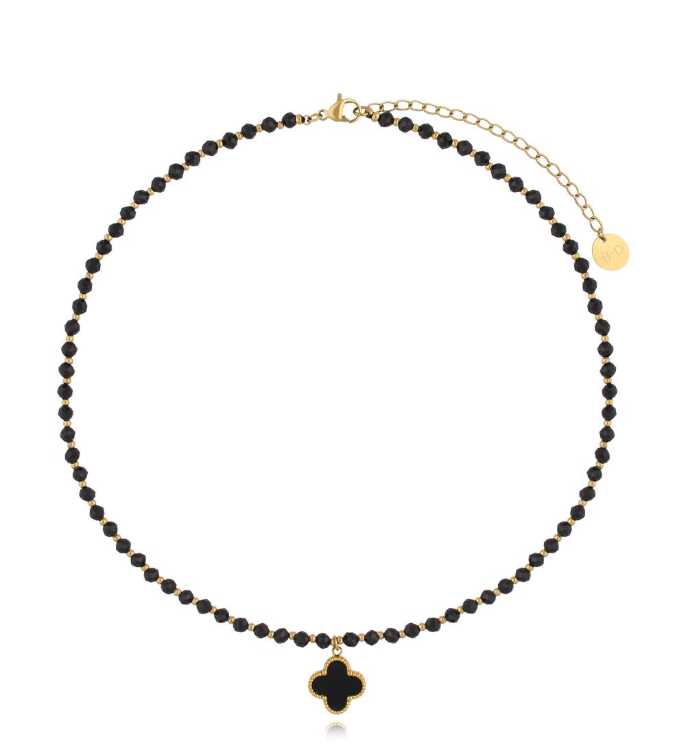 Naszyjnik z drobnych czarnych fasetowanych kamieni z koniczynką – złocony NTW1339