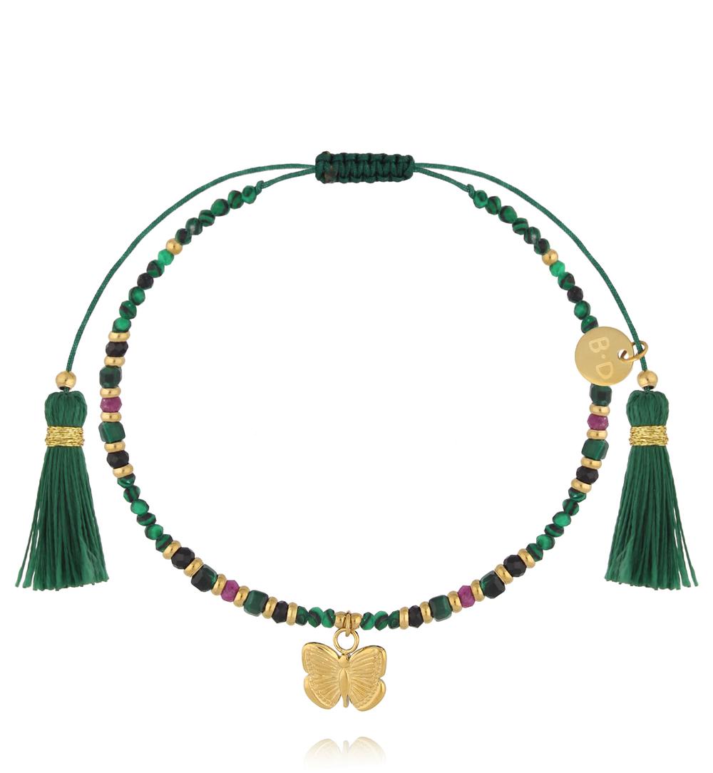 Bransoletka na sznurku z malachitem, czarnym turmalinem i rubinem z zawieszką motyla BTW3588