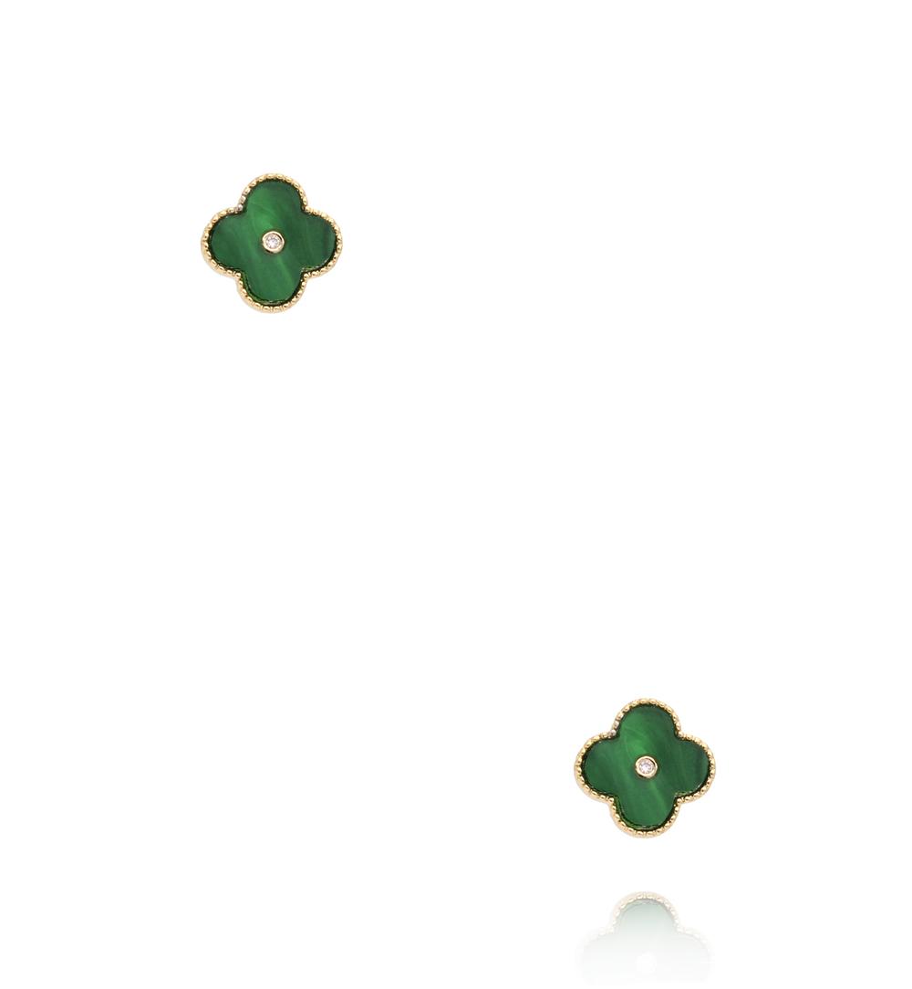 Zestaw kolczyków złoconych z koniczynką, cyrkoniami i zielonym akcentem KMB0004