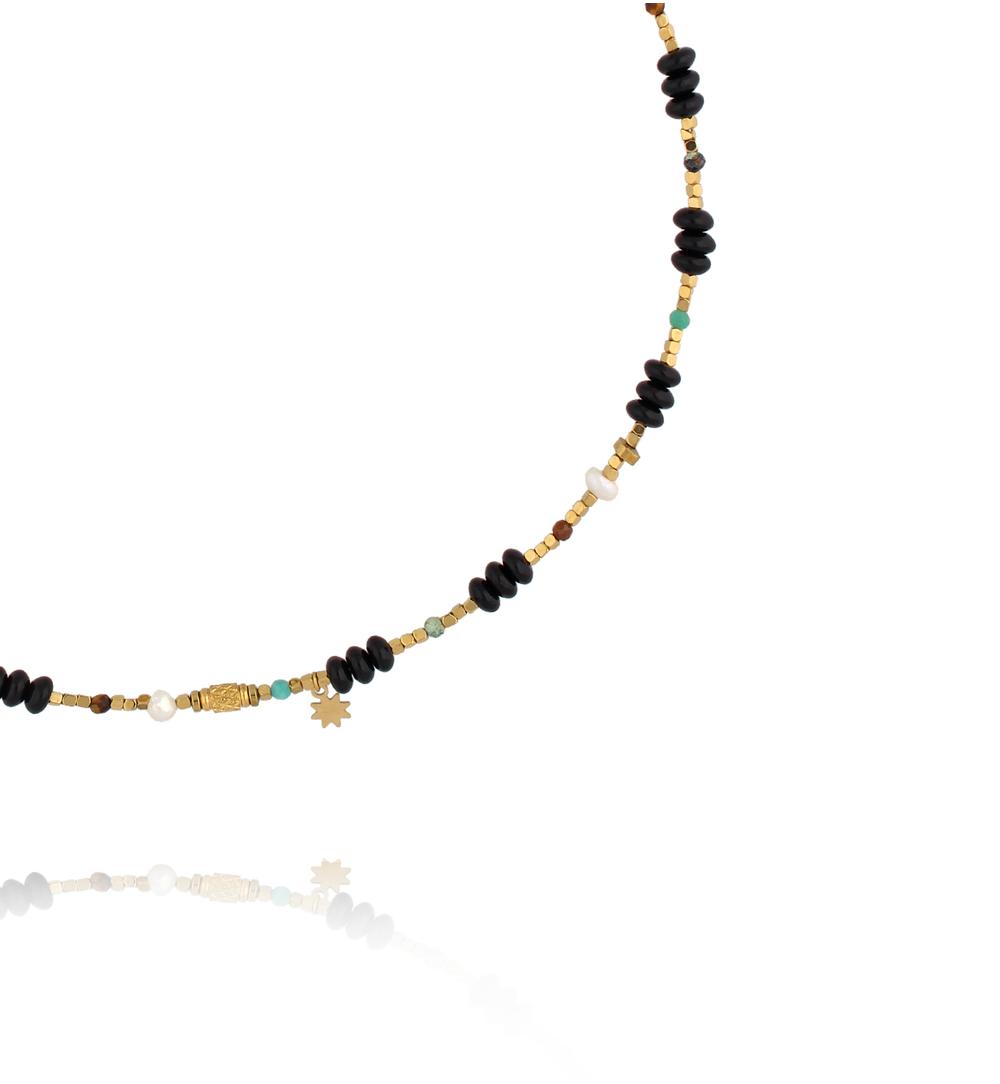 Naszyjnik z czarnego agatu, muszli i afrykańskiego turkusu NEA0078