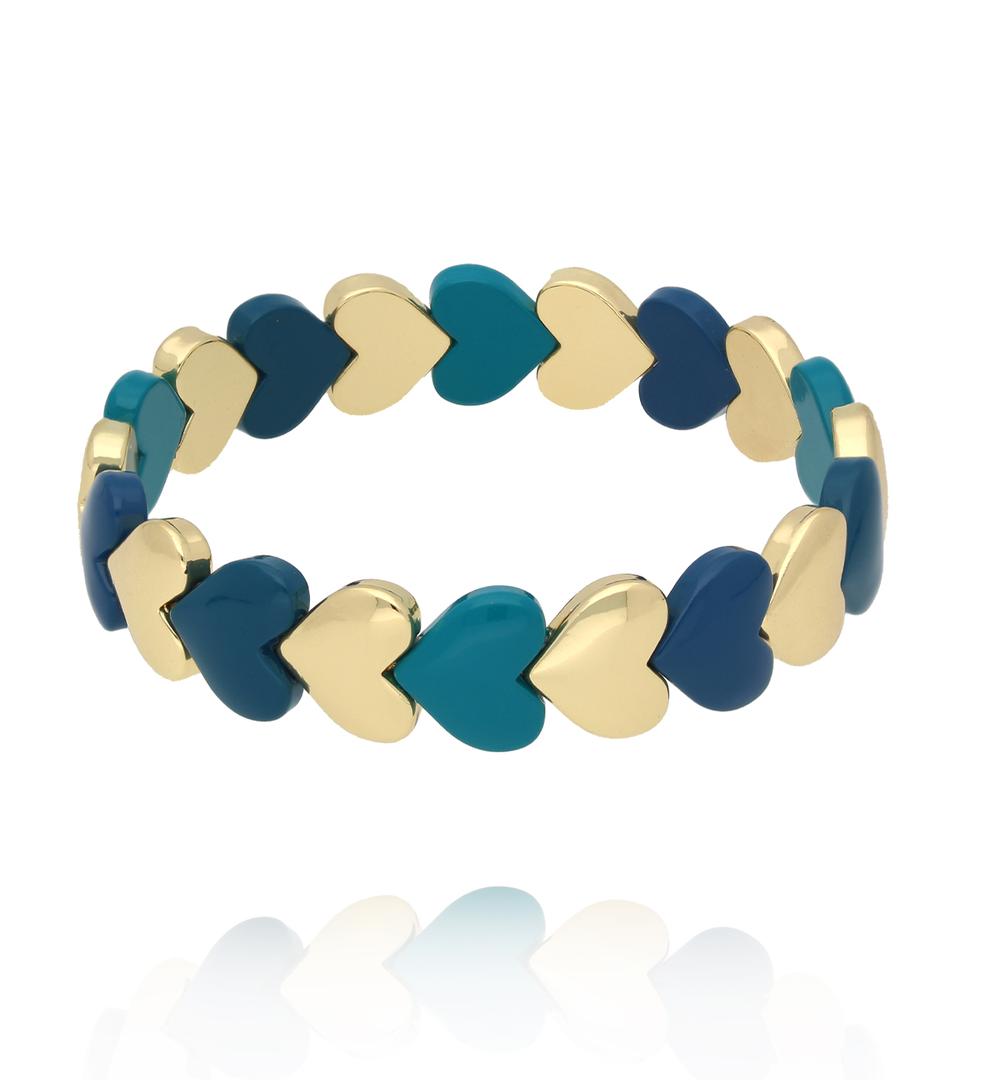 Bransoletka elastyczna z serduszkami w odcieniach turkusu, granatu i złota BCR0080
