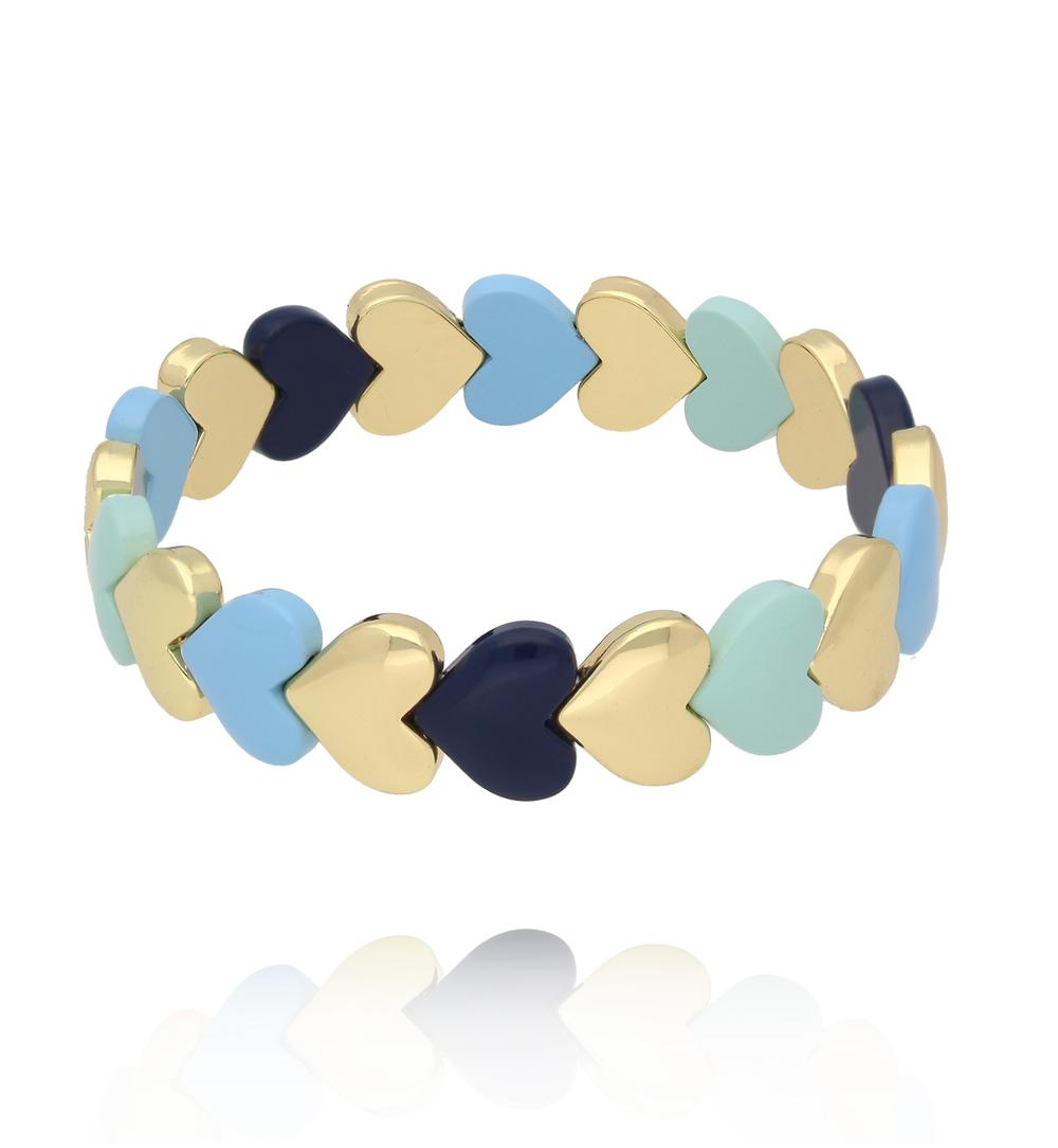 Bransoletka elastyczna z serduszkami w odcieniach błękitu, granatu i mięty ze złotem BCR0088