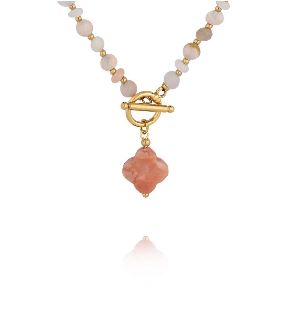 Naszyjnik z różowego awenturynu i opalu z zawieszką koniczynki NPA1612