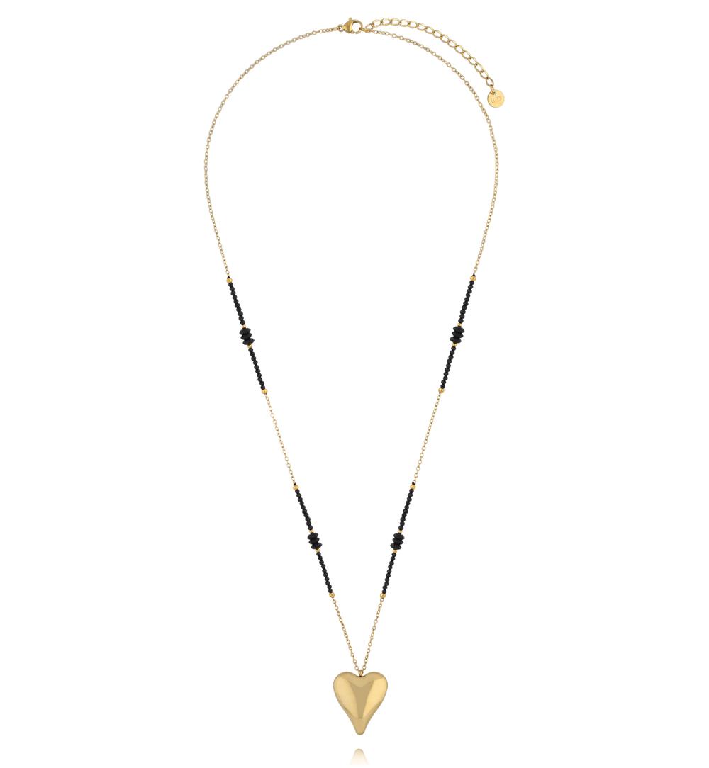 Naszyjnik z czarnego turmalinu i czarnego agatu z pozłacanym sercem NPA1587