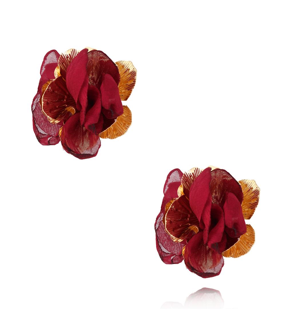 Kolczyki złote z bordową tkaniną Gold Flower KBL1812