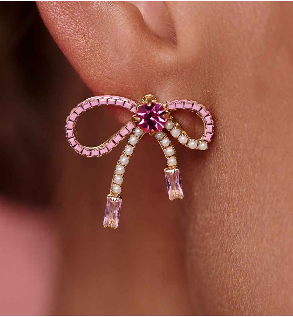 Kolczyki różowe kokardki z kryształkami KLU0134