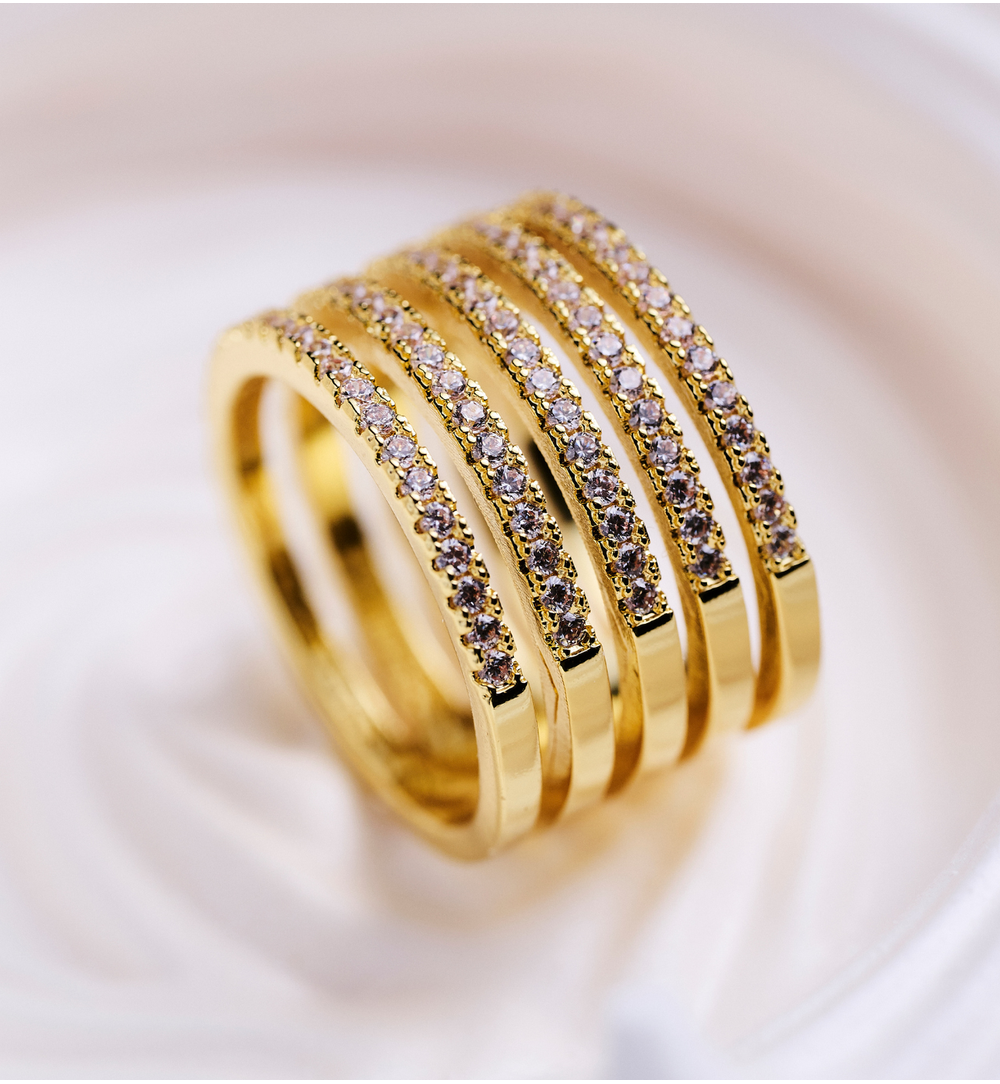 Pierścionek z trzema rzędami cyrkonii złoty PSS0196