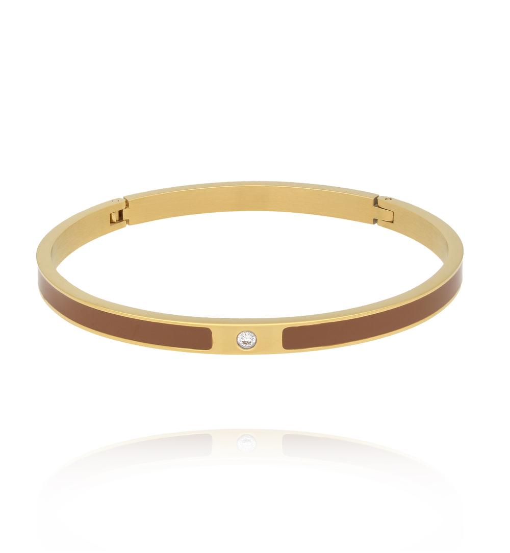 Bransoletka obręcz ze stali szlachetnej z emalią Mocha Mousse i cyrkonią BSA0973